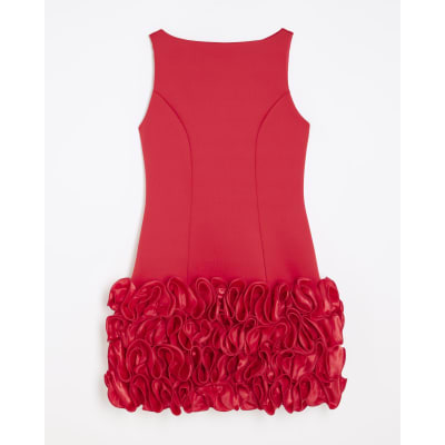 Red Sleeveless 3D Floral Hem Mini Dress