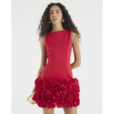 Red Sleeveless 3D Floral Hem Mini Dress