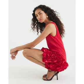 Red Sleeveless 3D Floral Hem Mini Dress