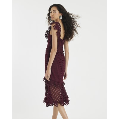 Red Sleeveless Broderie Midi Dress