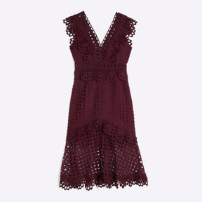 Red Sleeveless Broderie Midi Dress