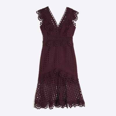 Red Sleeveless Broderie Midi Dress
