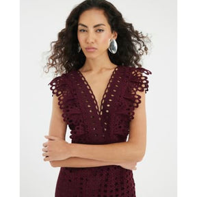 Red Sleeveless Broderie Midi Dress