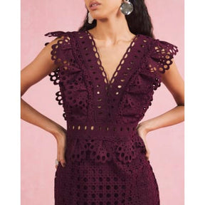 Red Sleeveless Broderie Midi Dress