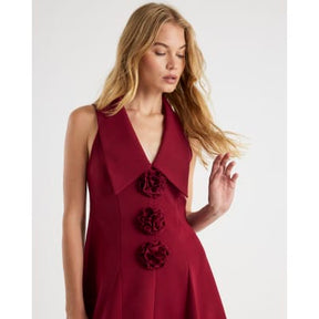 Red Sleeveless Corsage Collared Mini Dress