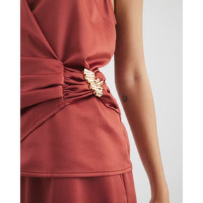Red Sleeveless Gold Detail Wrap Top