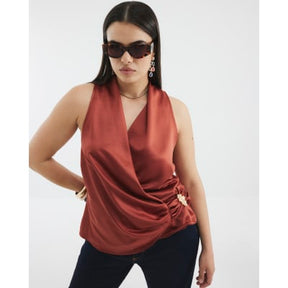 Red Sleeveless Gold Detail Wrap Top