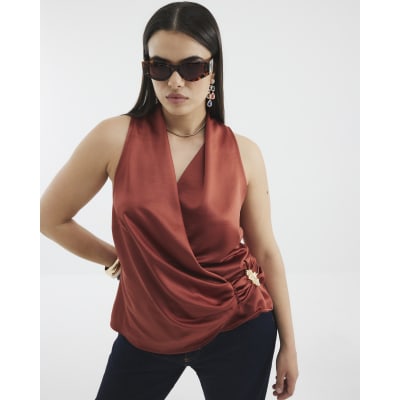 Red Sleeveless Gold Detail Wrap Top