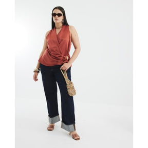 Red Sleeveless Gold Detail Wrap Top