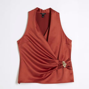 Red Sleeveless Gold Detail Wrap Top
