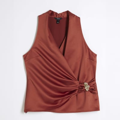 Red Sleeveless Gold Detail Wrap Top