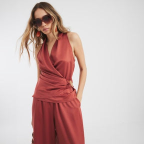 Red Sleeveless Gold Detail Wrap Top