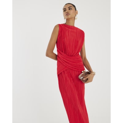 Red Sleeveless Plisse Wrap Waist Midi Dress