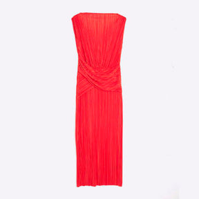 Red Sleeveless Plisse Wrap Waist Midi Dress