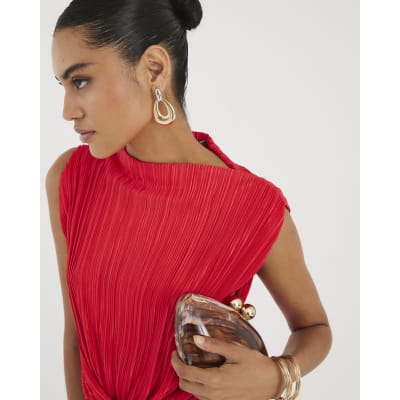 Red Sleeveless Plisse Wrap Waist Midi Dress