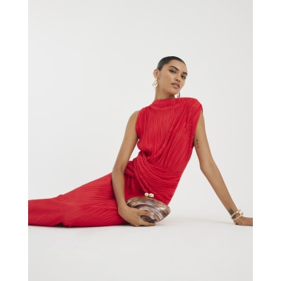 Red Sleeveless Plisse Wrap Waist Midi Dress