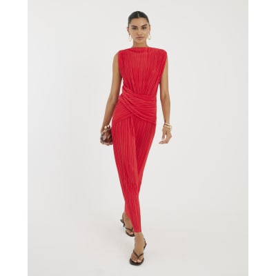 Red Sleeveless Plisse Wrap Waist Midi Dress
