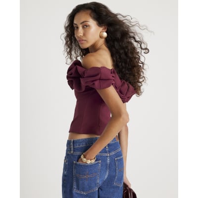 Red Sleeveless Ruffle Bardot Top