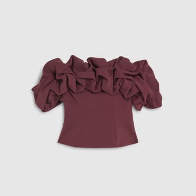 Red Sleeveless Ruffle Bardot Top