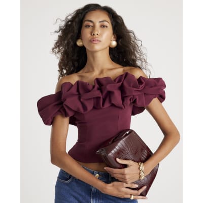 Red Sleeveless Ruffle Bardot Top