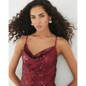 Red Sleeveless Sequin Cowl Neck Cami Top