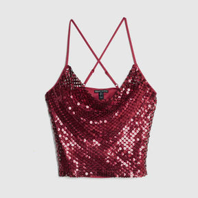 Red Sleeveless Sequin Cowl Neck Cami Top