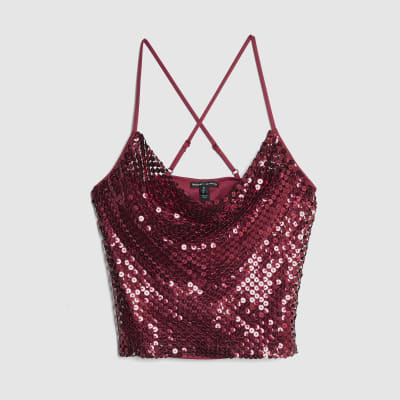 Red Sleeveless Sequin Cowl Neck Cami Top