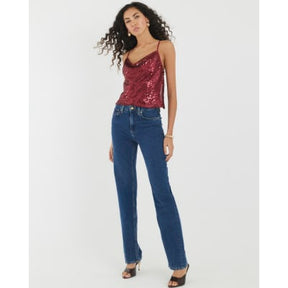 Red Sleeveless Sequin Cowl Neck Cami Top