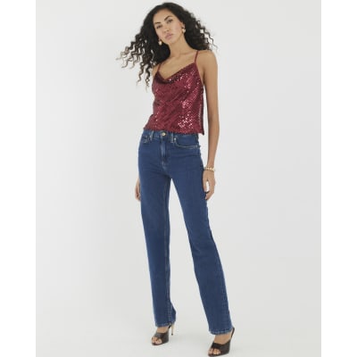 Red Sleeveless Sequin Cowl Neck Cami Top