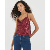 Red Sleeveless Sequin Cowl Neck Cami Top