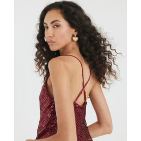 Red Sleeveless Sequin Cowl Neck Cami Top