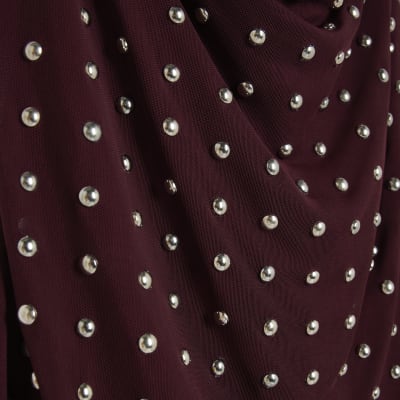 Red Sleeveless Studded Cowl Neck Cami Top