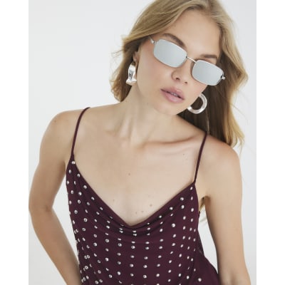 Red Sleeveless Studded Cowl Neck Cami Top