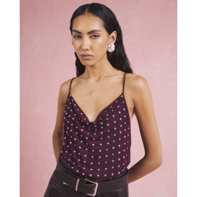 Red Sleeveless Studded Cowl Neck Cami Top