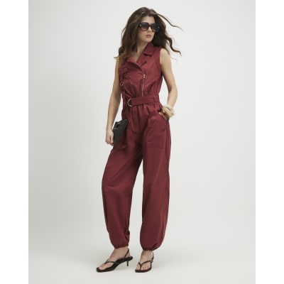 Red Sleeveless Utility Jumpsuit