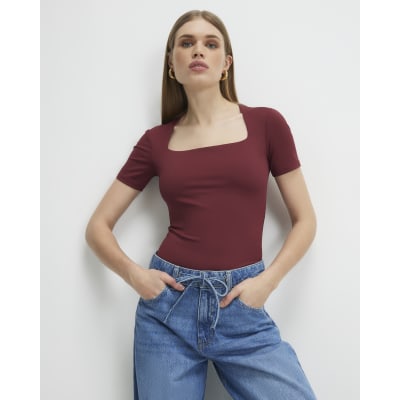 Red Square Neck Fitted Top