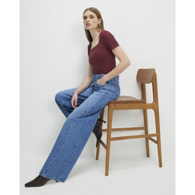Red Square Neck Fitted Top