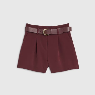 Red Structured Belted Shorts