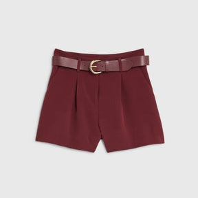 Red Structured Belted Shorts