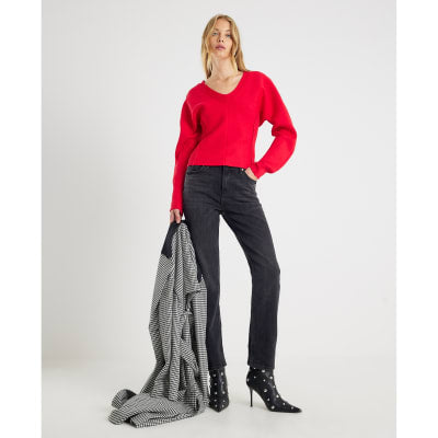 Red Structured Sleeve Knitted Top