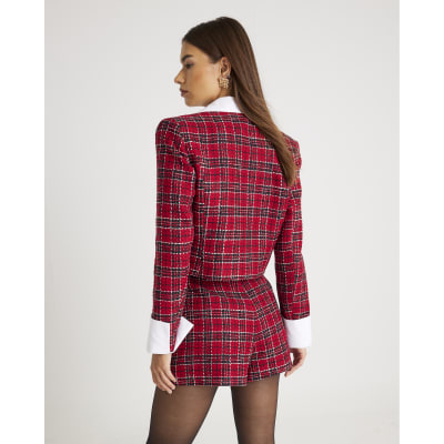 Red Tartan Crop Boucle Hybrid Blazer