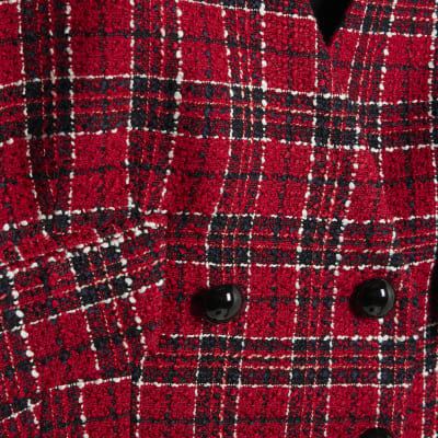 Red Tartan Crop Boucle Hybrid Blazer