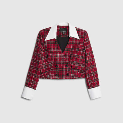 Red Tartan Crop Boucle Hybrid Blazer
