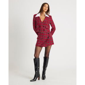 Red Tartan Crop Boucle Hybrid Blazer