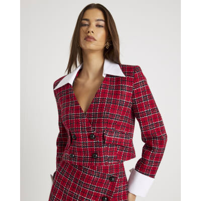 Red Tartan Crop Boucle Hybrid Blazer