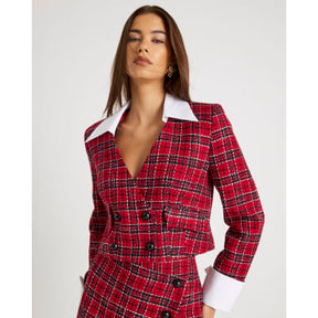 Red Tartan Crop Boucle Hybrid Blazer