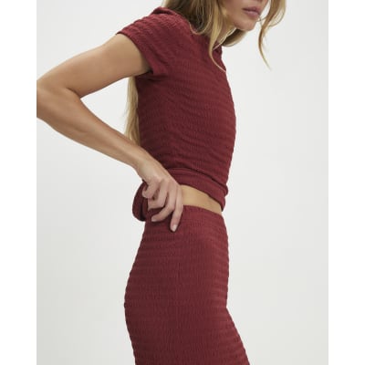 Red Textured Midi Skirt