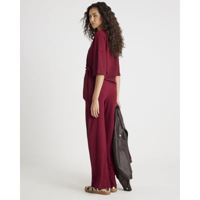 Red Textured Wide Leg Trousers