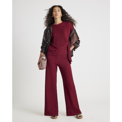 Red Textured Wide Leg Trousers
