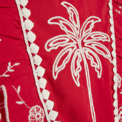 Red Tropical Print Embroidered Playsuit